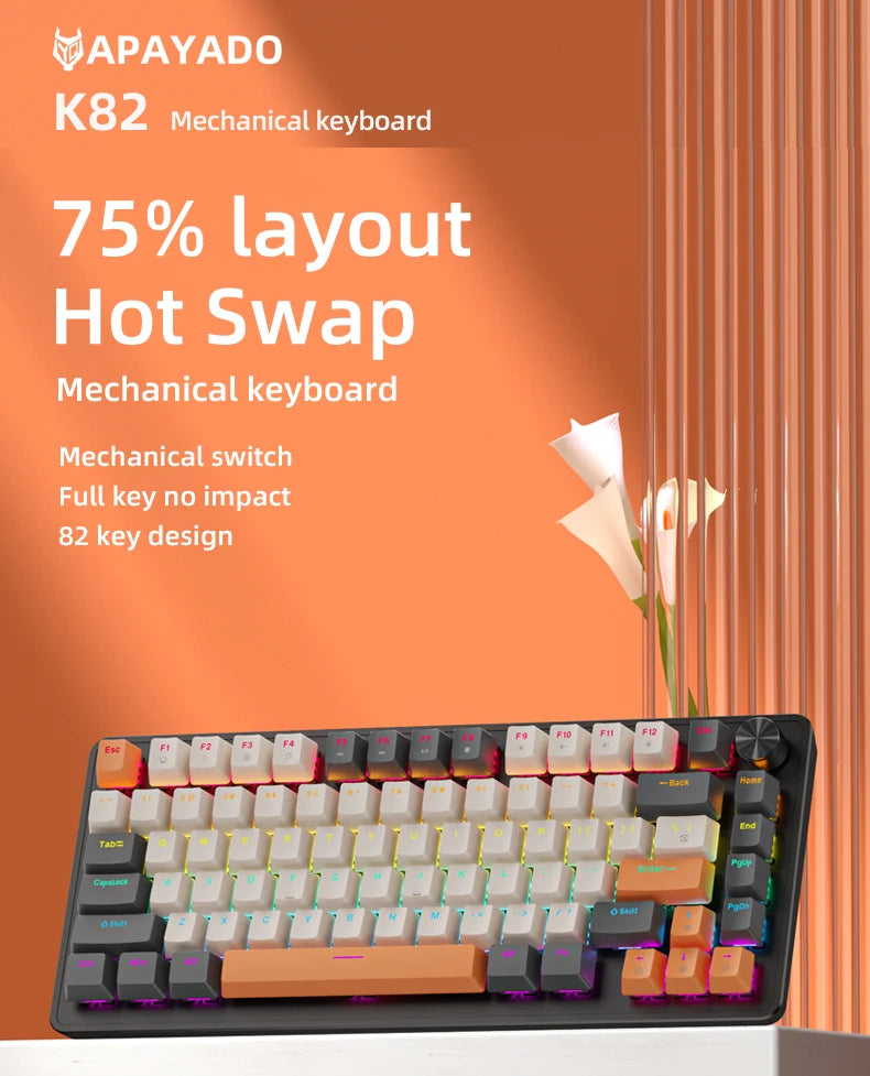 75% Mechanical Keyboard Wired with Media Knob, APAYADO Black Gaming Keyboard,Hot-Swap,ABS Cap Transparent Character Backlighting