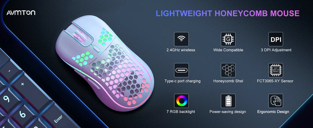 2.4G Wireless Mouse with RGB Backlit 6-button 3-speed DPI Type C Rechargeable Ergonomic Honeycomb Design Gaming Mouse